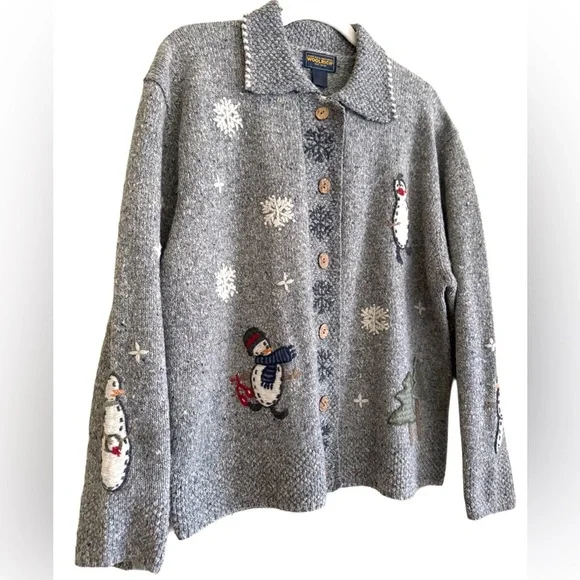 WOOLRICH Vintage Cottagecore Grannycore Snowflake Snowman Christmas Sweater XL - Picture 3 of 10